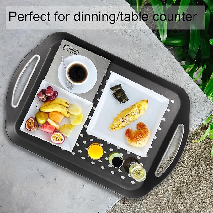 ECOIOU Larger Nonslip Food Serving Tray, 17.9'' x 12'' Grippy Handles Surface Bottom Design, Perfect Trays for Eating, Lap, TV, Couch, Black, Set of 2