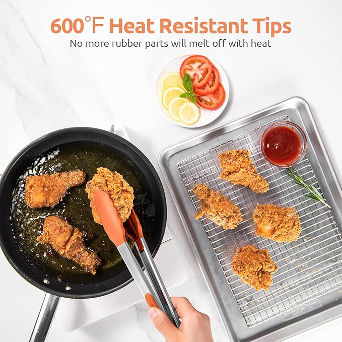 600ºF Heat Resistant Kitchen Tongs: U-Taste 9+12 inch Silicone Cooking Tong Set with Firm Sealed Non Stick Rubber Tips and Silicon Coated 18/8 Stainless Steel Handle for Serving Grilling Salad(Orange)