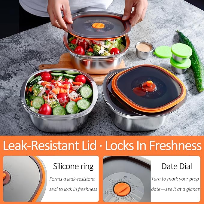 KTKUDY Stainless Steel Salad Bowl with Lid & Dressing Cup - 50 oz Leakproof Salad Container for Meal Prep & Lunch To Go, Dishwasher Safe