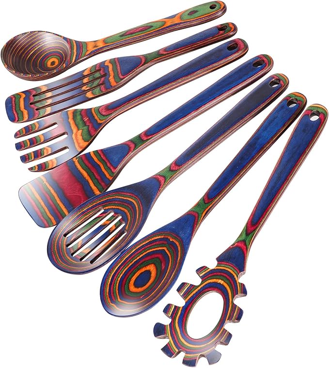 Wooden Spoons for Cooking – 7 Piece Pakkawood Kitchen Utensils Set with Spatulas, Spoons, Ladles, and Turner for Mixing, Serving & Cooking