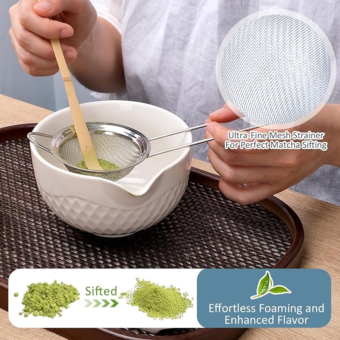 Joyscale Matcha Whisk Set, Matcha Set Whisk And Bowl, 8 Pcs Matcha Kit Set(Texture Design), 16 OZ, Japanese Matcha Tea Set, Matcha Making Kit Gifts for Tea Lovers(White)