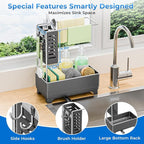 Kitchen Sink Caddy with Stainless Steel Towel Holder, Handy Sponge Holder for Kitchen Sink with Extending Drain Spout, No-Tool Assembly Space Saver for sink Countertop Accessories(Gray)