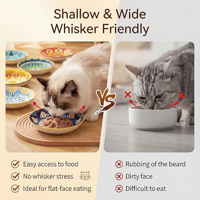 Ceramic Cat Food Bowls 6 Pack – Shallow Cat Bowl with Non-Slip Silicone Base, Whisker-Fatigue Dishes for Indoor Cats Puppy – Microwave Dishwasher Safe – 5.3 oz Cute Pet Plates for Wet Dry Food Water