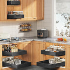 4 Pack Expandable Pull Out Cabinet Organizer 21" Deep With Raising Pad for Framed Cabinets,Upgrade 3 Slide Rails Slide Out Drawers,No Drill Roll Out Shelves,Adjustable Width 9"-14" Black