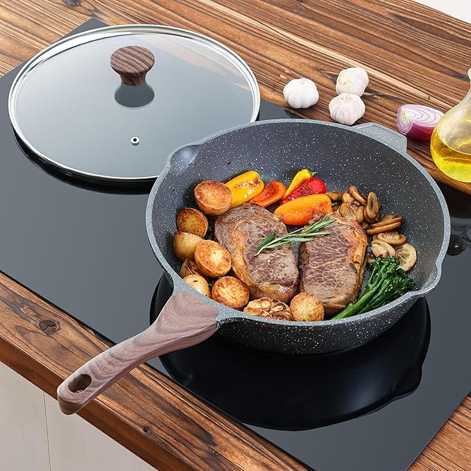 SENSARTE Nonstick Deep Frying Pan Skillet, 12-inch Saute Pan with Lid, Stay-cool Handle, Chef Pan Healthy Stone Cookware Cooking Pan, Induction Compatible, PFOA Free (Pack of 2)