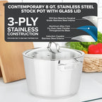 Viking Contemporary 3-Ply Stainless Steel Stock Pot, 8 Quart Soup Cooking Pot with Lid, Kitchen Cookware