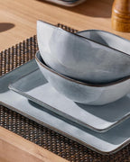 Famiware Ocean Square Plates and Bowls Set, 18 Pieces Dinnerware Sets, Dishes Set for 6, Reactive Glaze, Microwave and Dishwasher Safe, Scratch Resistant, Grey