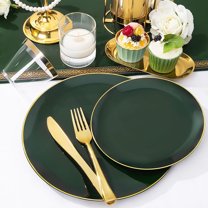 NOCCUR 350PCS Green Plastic Plates - Disposable Green Gold Dinnerware Set for 50 Guests, 100 Dinner/Dessert Plates, 150 Gold Silverware, 50 Cups&50 Napkins for Party ＆ Wedding ＆ Spring