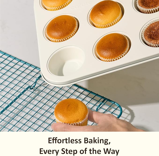 CAROTE 6-Piece Nonstick Ceramic Baking Pans Set - Bakeware Sets Including Cookie Sheets for Baking, Muffin Pan, Bread Pan, Cake pan, Loaf Pan, Cooling Rack, Light Blue & Cream White