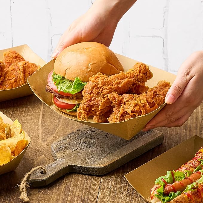 ZORRITA 5 LB Extra Large Paper Food Trays, 50 Pack Disposable Nacho Trays Kraft Paper Food Boats Party Serving Baskets for Sandwiches Burgers Popcorns Snacks