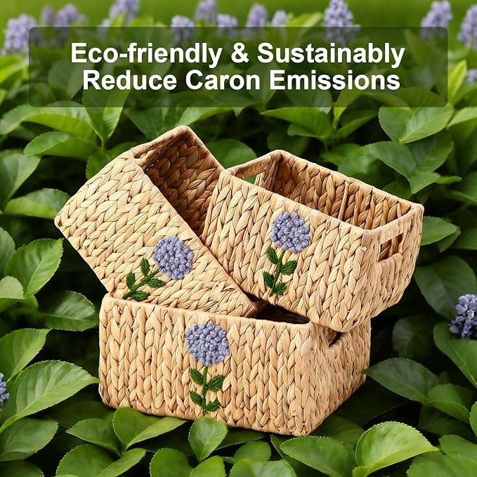 Set of 5 Water Hyacinth Pantry Baskets, Storage Baskets for Organizing, Cube Storage Bins for Shelves, Rectangle Storage Baskets with Handles, Woven Baskets for Storage - Floral