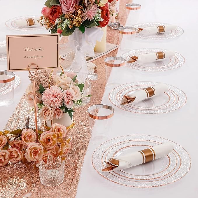 Liacere 350PCS Rose Gold Plastic Plates-Clear Rose Disposable Plates 50 Guests include 50 Dinner Plates,50 Salad Plates,50 Forks,50 Knives,50 Spoons,50 Cups,50 Napkins for Wedding & Mothers Day