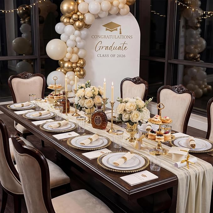 KIRE 175PCS Gold Plates Disposable - Heavy Duty White and Gold Plastic Plates Dinnerware Sets - 25 for Dinner 25 for Dessert 25 Pre Rolled Napkins and 25 Cups for Birthday/Ramadan/Wedding/Mother's Day
