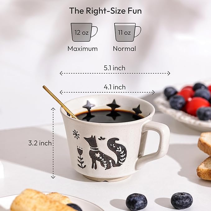 Ceramic Coffee Mug, 12 oz Small Novelty Unique Teacup with Handle, Stoneware Cup for Tea Mocha Latte Cappuccino (Set of 4, Fox and Bear)