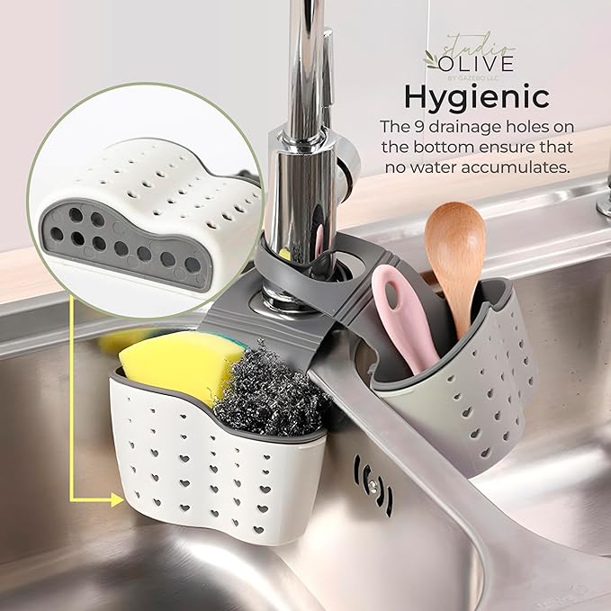 Sponge Holder for Kitchen Sink to Hang from the Faucet. Modern Adjustable Kitchen Sink Sponge Holder with Drain Holes For Drying.