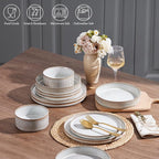 E-far 16 Piece Dinnerware Sets, Plates and Bowls with Pasta Bowls Service for 4, Modern Stoneware Ribbed Dishes for Kitchen Dining, Microwave & Dishwasher Safe, Creamy Beige