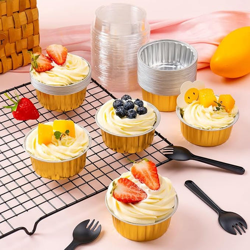 60Pcs Mini Loaf Pans with Lids and Spoons, Aluminum Foil Baking Pans, Round Mini Cake Pan, Brownie Baking Cups for Picnics Party (Gold)