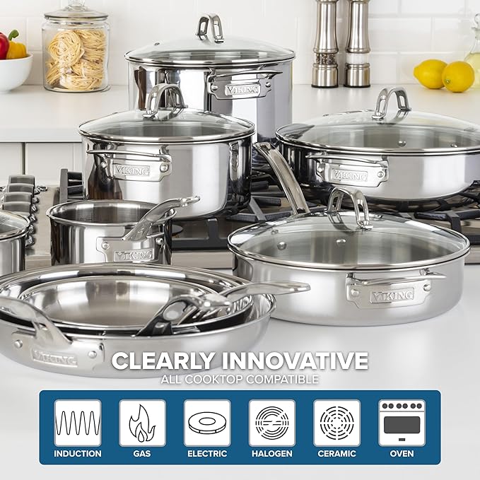 Viking 3-Ply Pots and Pans Set, 17 Piece Stainless Steel Cookware Glass Lids, Steamer Insert, Silver