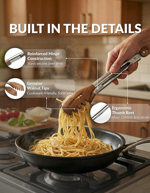 3-in-1 Kitchen Tongs & Pasta Server – 12 Inch Walnut Multifunction Tongs with Slotted Forked & Flat Tips for Pasta, Salad, Cooking and More – Elegant, Heat-Resistant Food Tongs for Home Cooks & Chefs