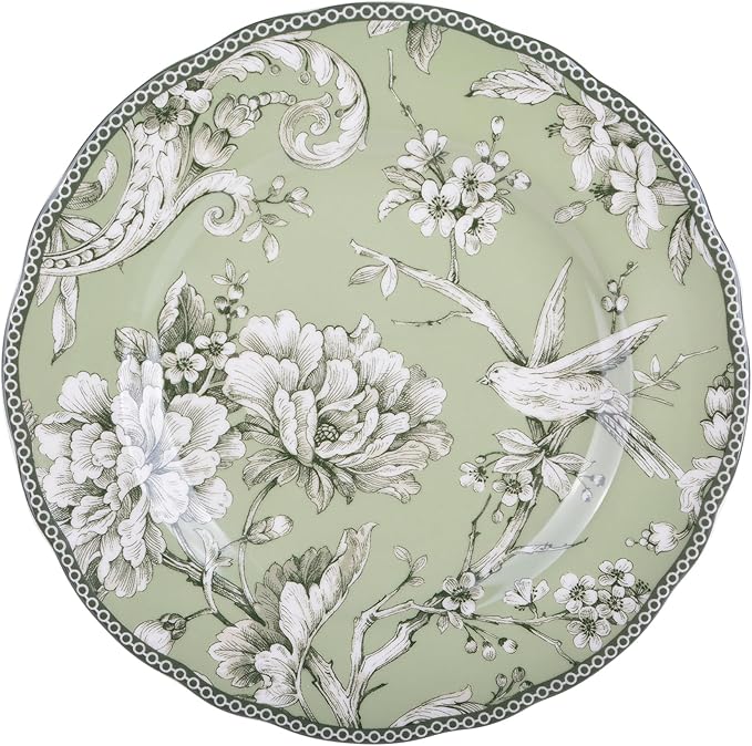 222 Fifth Adelaide Sage 12-Piece Green Porcelain Dinnerware Set – Service for 4, Big Dinner Plates and Bowls Sets, Green with White Floral Pattern, for Daily Entertainment, Microwave & Dishwasher Safe