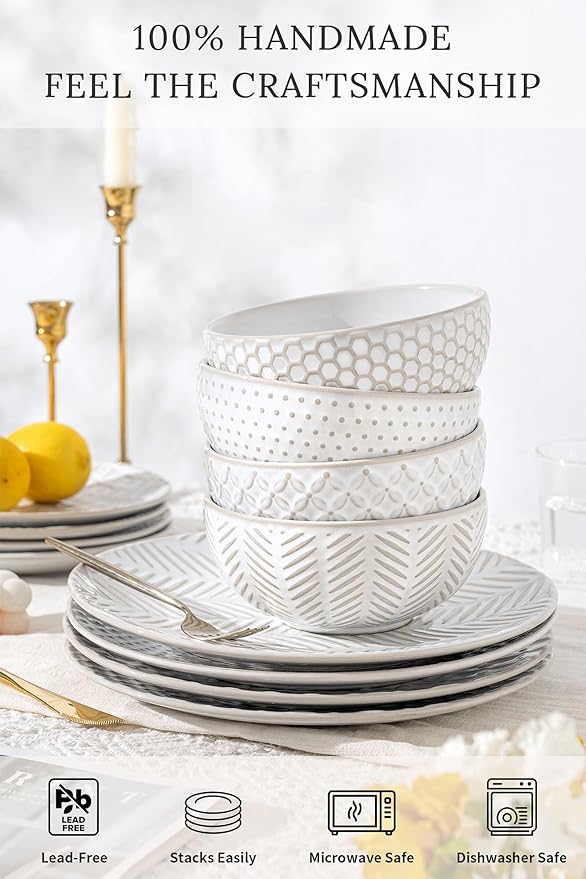 FOBENTA 16-Piece Ceramic Dinnerware Set with Mugs,Plates and Bowls Set for 4 with Coffee Mugs,Elegant Dish Set for Everyday Dining