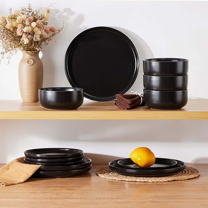 Herogo 24 Pieces Stoneware Dinnerware Set Service for 8, Dinner Plates and Bowls Sets, Double Reactive Glaze Dishes Set for Kitchen, Scratch Resistant, Microwave & Dishwasher Safe, Matte Black