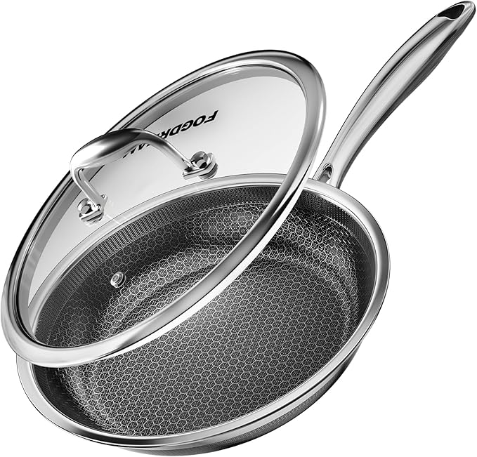 FogDream Non Stick Frying Pans, 8 Inch Stainless Steel Skillet with Tempered Glass Lid Tri-Ply Stainless Steel for All Cooktops, Dishwasher & Oven-Safe Cooking Pan, Stay-Cool Handle, Silver
