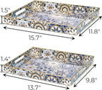 Hiceeden Set of 2 Decorative Serving Trays with Handles, Boho Tea Trays Ottoman Trays for Serving, Modern Plastic Coffee Table Tray for Living Room, Kitchen, Bathroom, Rectangle, Blue