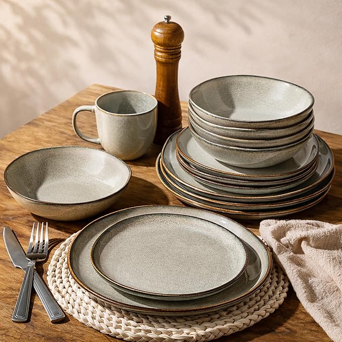 GBHOME Stoneware Dinnerware Sets for 6, 18 Pieces Rustic Ceramic Plates and Bowls Set, Handmade Reactive Glaze Plate Sets, Highly Chip Resistant Dishes, Microwave & Dishwasher Safe, Green Wheat