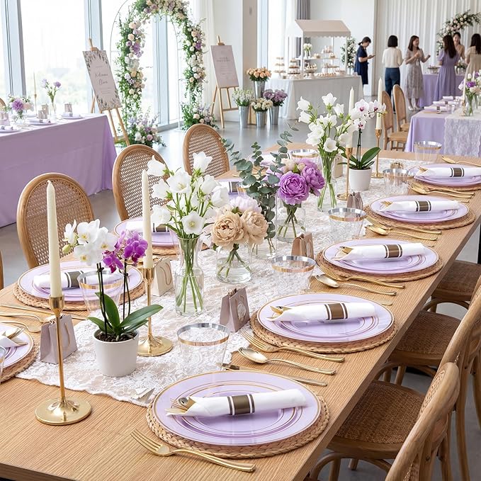 WDF Partyware 175PCS Purple Plates Disposable - Lavender Plastic Plates 25Guests Plastic Dinnerware with Rolled Napkins for Birthday/Spring/Baby Shower/Mother's Day
