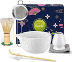 Matcha Whisk Set Matcha Kit - 7 Pcs Japanese Tea Set Includes Matcha Bowl with Spout,Bamboo Whisk with Ceramic Holder,Bamboo Scoop and Rest,Sifter,Tea Towel, for Ceremony Matcha Lovers Gift,White