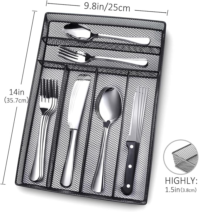 Teivio 24 Piece Silverware Set, Flatware Utensils Set Mirror Polished, Dishwasher Safe Service for 4, Include Knife/Fork/Spoon/Steak Knife/Wire Mesh Steel Cutlery Holder Storage Trays (Black Tray)