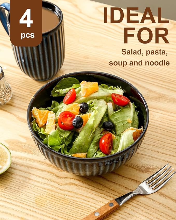 HASENSE Large Ceramic Serving Bowls 42 Oz - 7 Inch Salad Bowl Set of 4 for Kitchen,Modern Ribbed Porcelain Dishes for Entertaining,Soup,Pho,Pasta,Cereal, Noodle - Dishwasher & Microwave Safe, Blue