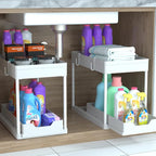 DEKAVA Cabinet, 2 Pack Under Sink Organizer, 2 Tier Sliding Bathroom Kitchen Organizer, Large White ABS Baskets, Easy Install & Clean