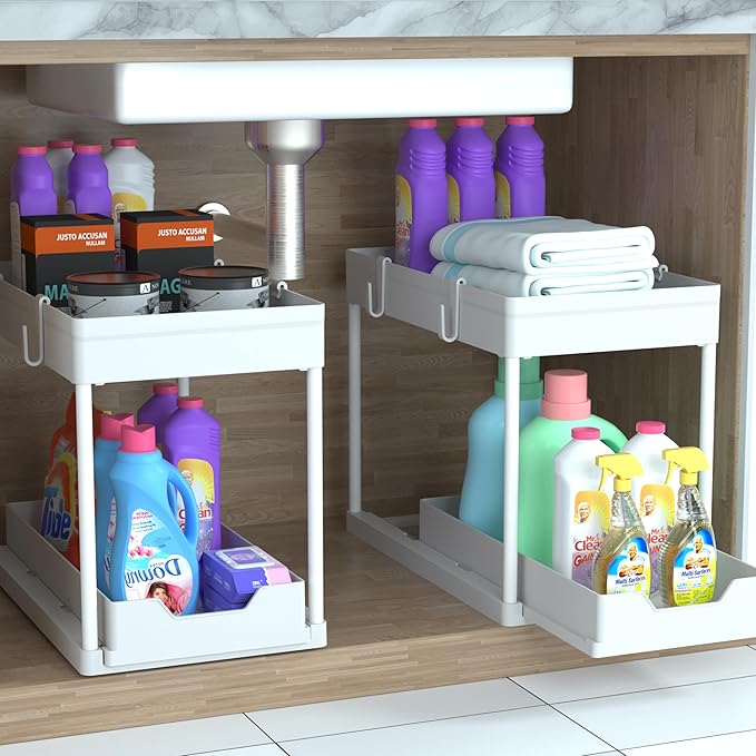 Under Sink Organizer -2 PACK|Pull Out Bathroom Organizer|2 Tier Slide Out Bathroom/Kitchen Organiers and Storage. (2 PACK White)