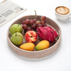 16.9" Round Rattan Tray, Hand Woven Serving Tray with Handles, Wicker Serving Basket, Decorative Tray for Home Decor, Whitewash