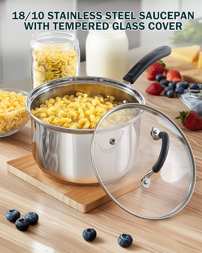Cook N Home 1 Quart Stainless Steel Saucepan with Lid, Induction Compatible Milk Pot, Stay-Cool Silicone Handle, Mirror Polished 18/10 Cookware, Dishwasher & Oven Safe, Silver