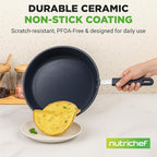 NutriChef f 12" Large Fry Pan - Large Skillet Nonstick Frying Pan with Silicone Handle, Ceramic Coating, Blue Silicone Handle, Stain-Resistant, And Easy To Clean, Professional Home Cookware