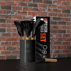 oannao Silicone Cooking Utensils Set - 446°F Heat Resistant Silicone Kitchen Utensils for Cooking,Kitchen Utensil Spatula Set w Wooden Handles, BPA FREE Gadgets for Non-Stick Cookware (Black)