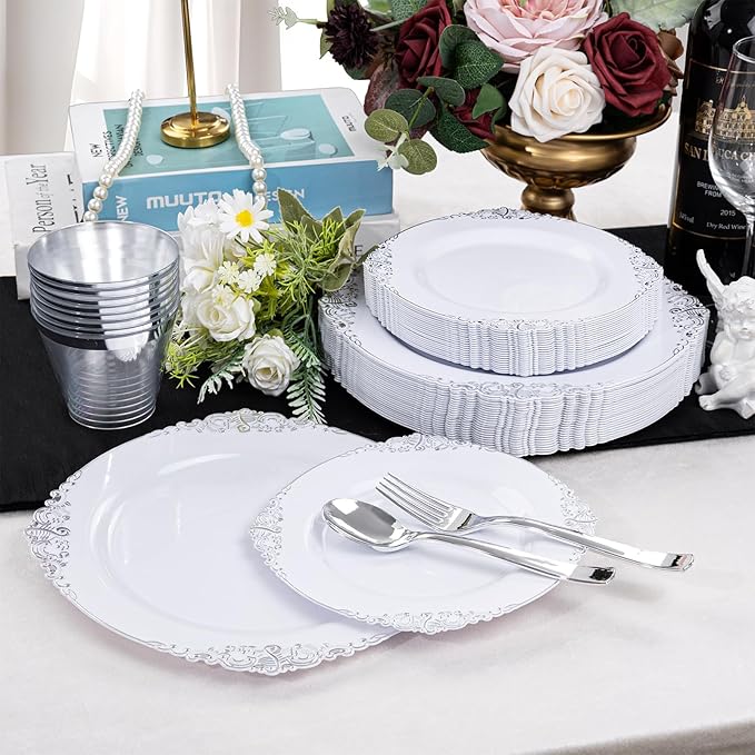 Hioasis 300pcs White and Silver Plastic Plates - Disposable Dinnerware Set Suitable for 50 Guests Include 10.25" Dinner & 7.5" Dessert Plates,Silverware Set, Cups for Weddingr(NO Napkins Included)