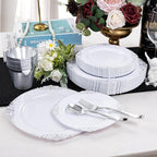 Hioasis 300pcs White and Silver Plastic Plates - Disposable Dinnerware Set Suitable for 50 Guests Include 10.25" Dinner & 7.5" Dessert Plates,Silverware Set, Cups for Weddingr(NO Napkins Included)