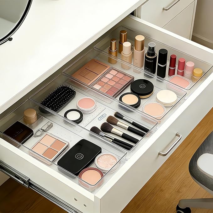 4 Pcs Extra Large Clear Plastic Drawer Organizer Trays 15"x6", Multi-Purpose Storage Bins for Vanity, Makeup, Kitchen Utensils, Bathroom, Office Desk, Auto Tools & Craft Supplies