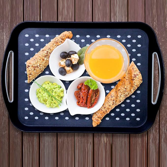 Large Non Slip Serving Tray with Handles, Silicone Gripping Nubs Lap Food Trays for Eating, Dishwasher Safe Serve for Dinner Snack Fruit Dessert Breakfast Beverage, Rectangular, Set of 2, Black