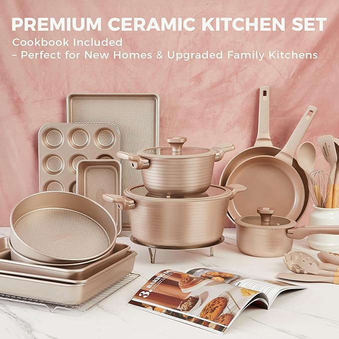 HONGBAKE 26 Pcs Pots and Pans Set Non Stick, Non Toxic Ceramic Cooking Set With 10 Silicone Utensils, Kitchen Induction Cookware & Bakeware Sets with Diamond Texture Pattern, PFOA Free, Gold