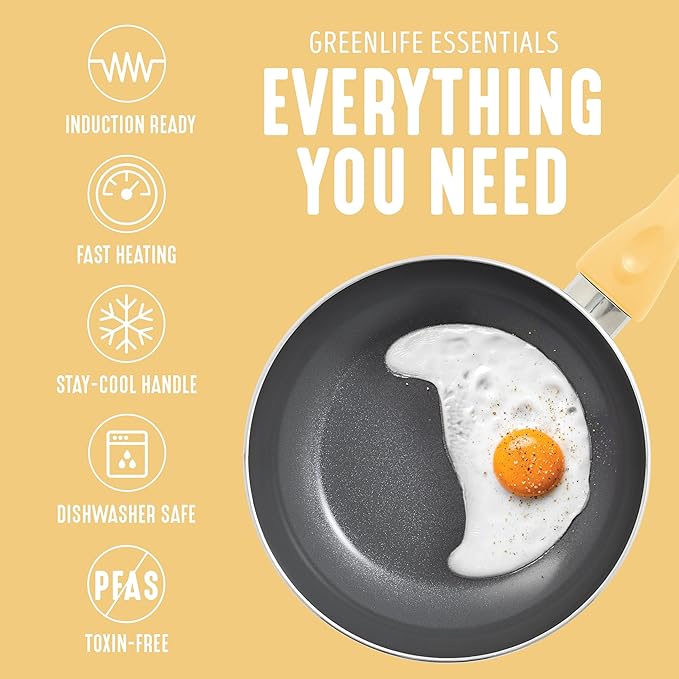GreenLife Essentials 8" Frying Pan Skillet, PFAS-Free Ceramic Nonstick, Induction Ready Cookware, Dishwasher Safe, Yellow