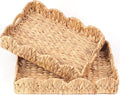 2Pcs - Scalloped Basket, Decorative Basket, Water Hyacinth Tray (17 x 13 x 3 inch - 2Pcs) with Scalloped Edge and Built-in Handles, Rectangle Serving/Woven/Basket/Seagrass Tray