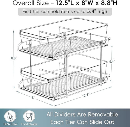 2 Set, 2 Tier Clear Organizer with Dividers for Cabinet, Shlef, Counter - MultiUse Slide-Out Storage Container - Kitchen, Pantry, Medicine Cupboard Bins, Bathroom, Vanity Makeup, Under Sink Organizing