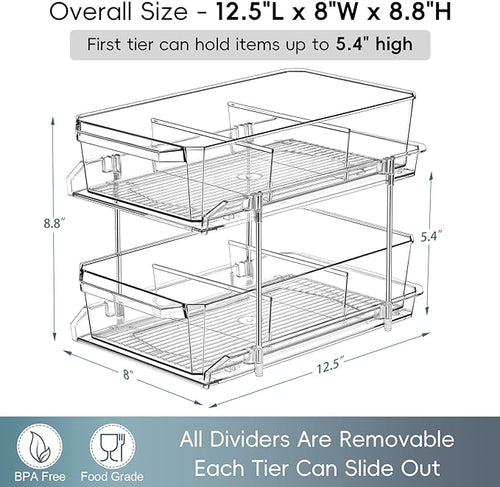 2 Tier Clear Organizer with Dividers for Cabinet, Shlef, Counter - MultiUse Slide-Out Storage Container - Kitchen, Pantry, Medicine Cupboard Bins, Bathroom, Vanity Makeup, Under Sink Organizing