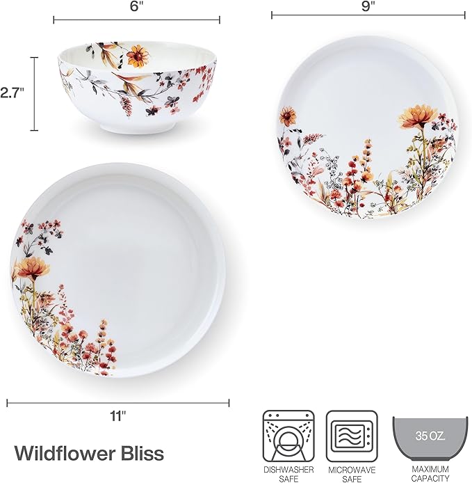 Mikasa Wildflower Bliss 12 Piece Floral Bone China Durable Chip Resistant Lightweight Dinnerware Set, Service for 4