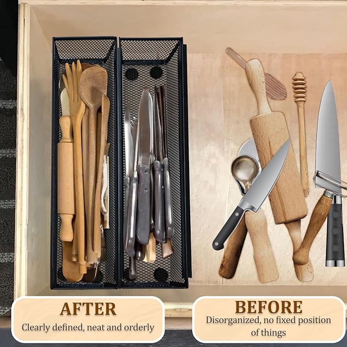 2PCS Drawer Organizer for Kitchen,Utensil Mesh Drawer Organizer with Interlocking Arm for Cosmetic,Flatware,Pen (12 * 3 * 2 Inches,Black)